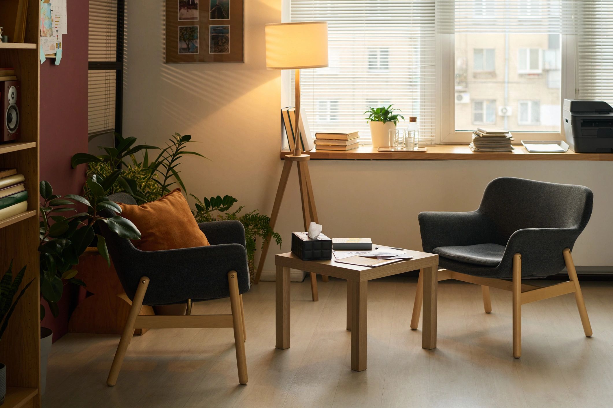 Calm therapy office with chairs and tissues